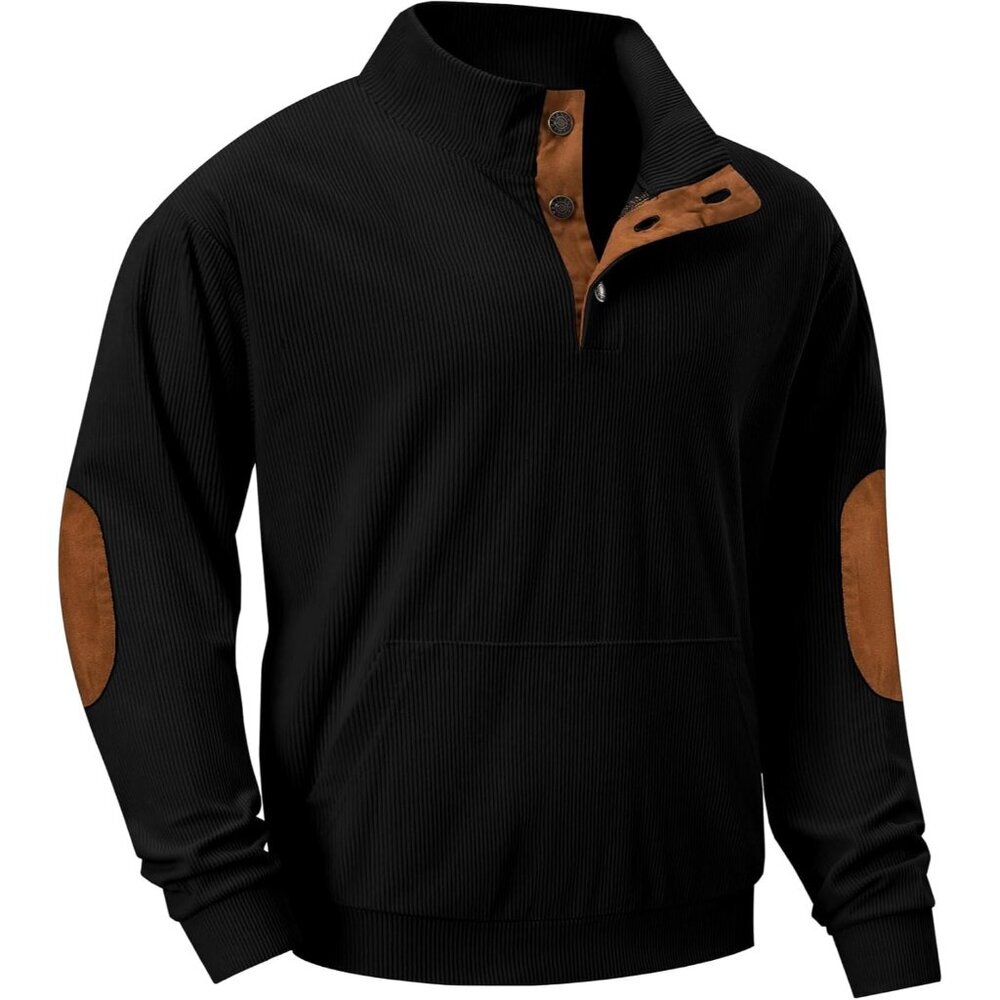 Mens Corduroy Sweatshirt Casual Stand Collar Quarter Fall Metal Button Pullover